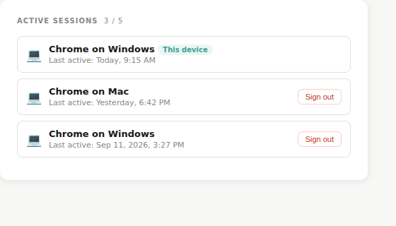 Active sessions list in Typsnip Account tab