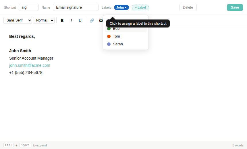Assigning a label to a shortcut
