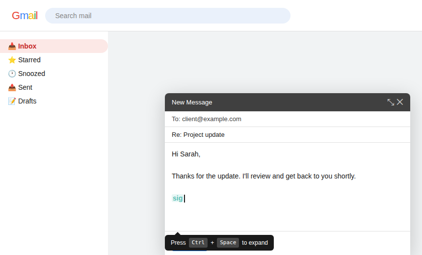 Expanding a shortcut in Gmail