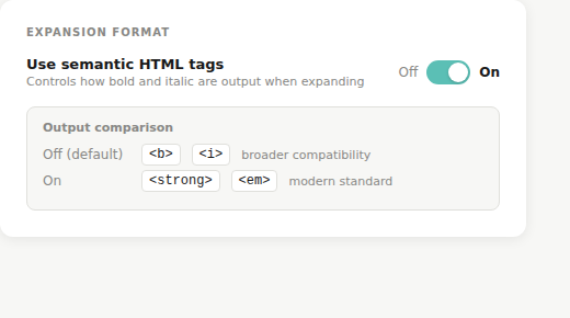 Expansion Format setting in Typsnip Account tab