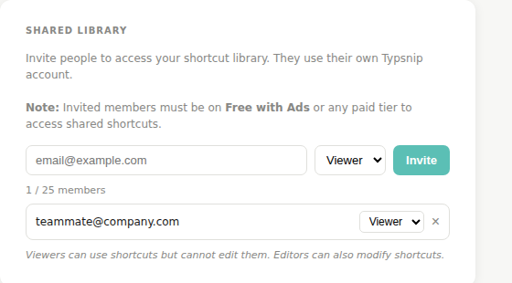 Sharing shortcuts with teammates in Typsnip