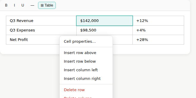 Table with right-click context menu in Typsnip editor